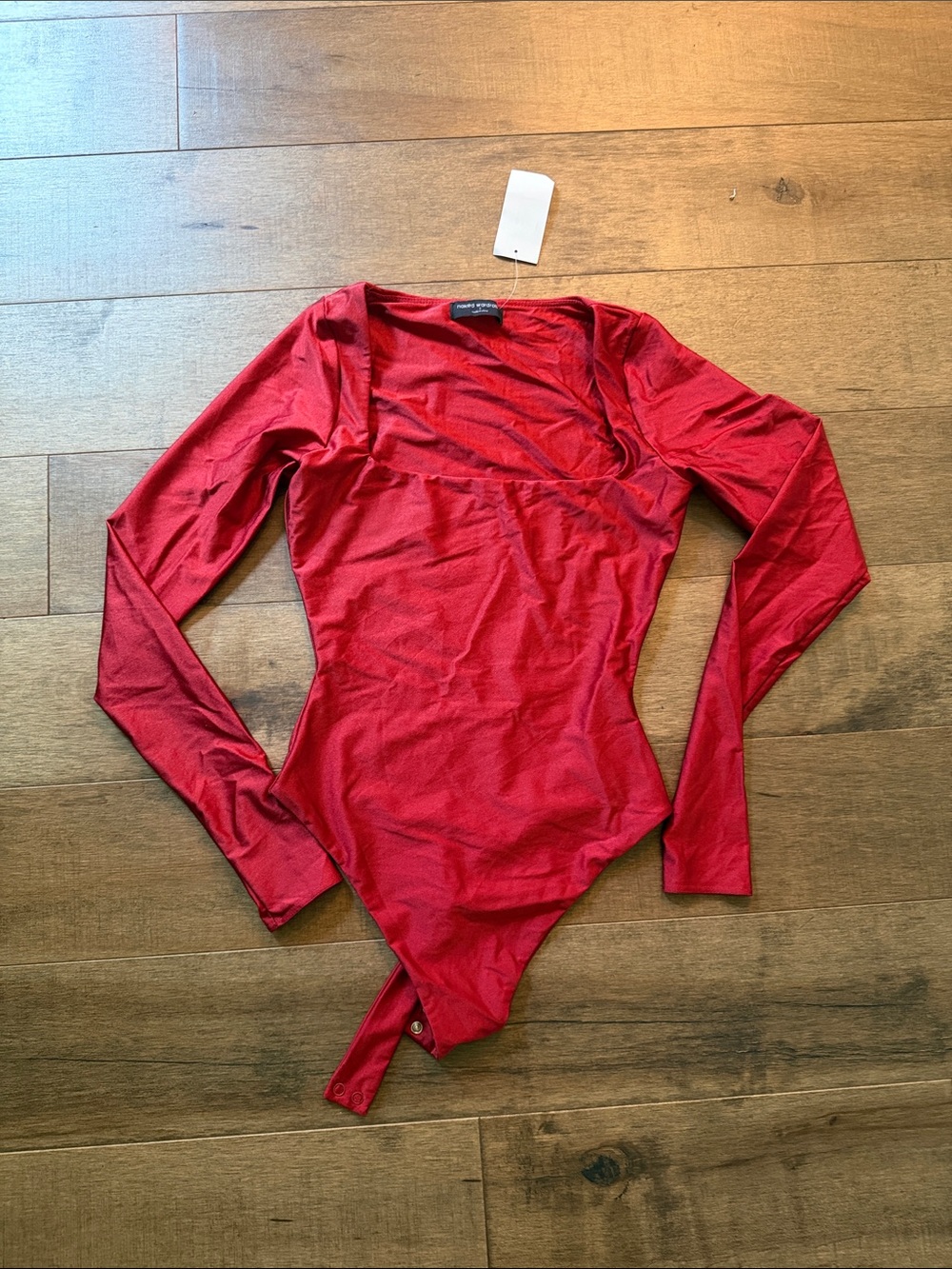 🎉naked wardrobe Red Long-Sleeve Square-Neck Bodysuit